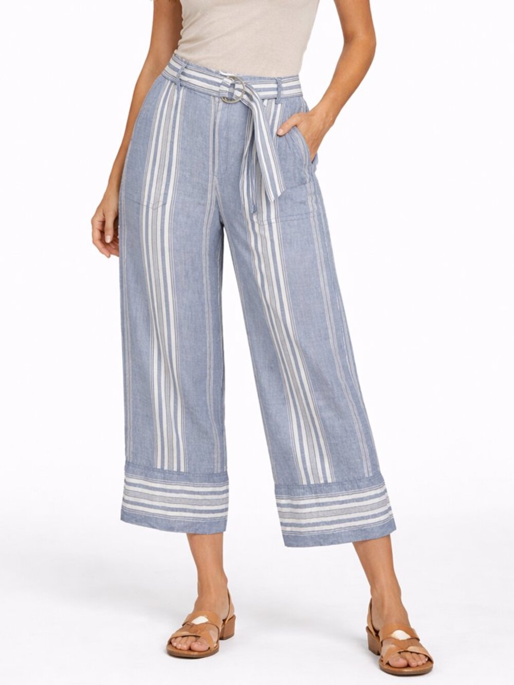 Lauren Ralph Lauren Linen Striped Cropped Pants Belted